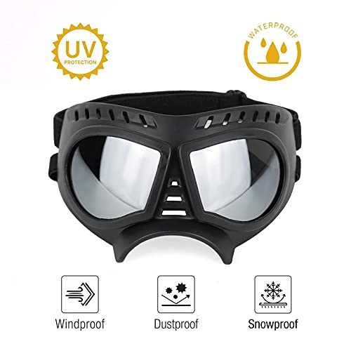 Namsan Gafas de sol para perros con protección UV, gafas de protección UV, resistentes al viento, correas flexibles ajustables para perros pequeños, marco suave (lente plateada)