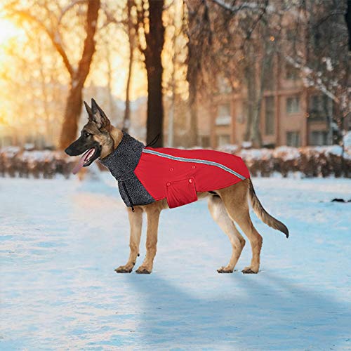 Nasjac Abrigo de Invierno para Perro, Forro Polar cálido, Forro Polar para Perros con Bufanda de Cuello Alto con Rayas Reflectantes Ajustable Impermeable a Prueba de Viento para Cachorros (XXL, Rojo)