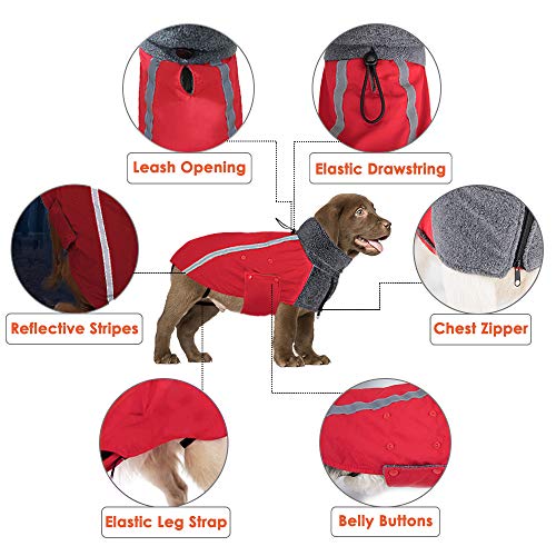 Nasjac Abrigo de Invierno para Perro, Forro Polar cálido, Forro Polar para Perros con Bufanda de Cuello Alto con Rayas Reflectantes Ajustable Impermeable a Prueba de Viento para Cachorros (XXL, Rojo)