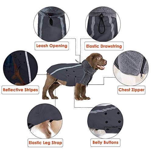 Nasjac Abrigo de Invierno para Perros, Forro Polar cálido, Warm Dog Coat Forro Polar para Perros con Bufanda de Cuello Alto con Rayas Reflectantes Ajustable Impermeable Resistente al Viento (M, Gris)