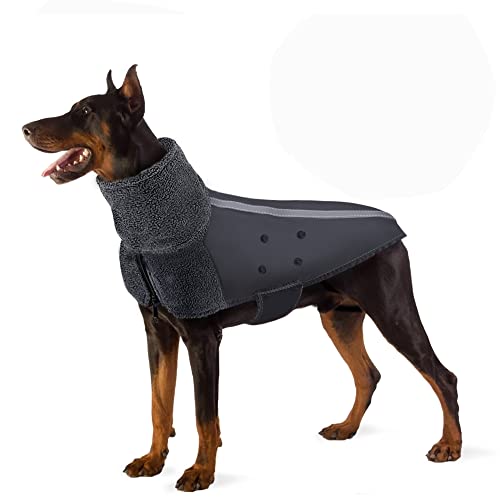 Nasjac Abrigo de Invierno para Perros, Forro Polar cálido, Warm Dog Coat Forro Polar para Perros con Bufanda de Cuello Alto con Rayas Reflectantes Ajustable Impermeable Resistente al Viento (M, Gris)