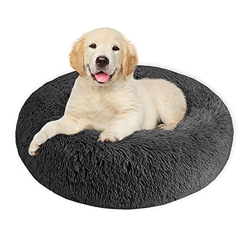 Nasjac Cama calmante para Mascotas, Nido de Mimbre para Donuts Cojín de Felpa Suave y cálido para Perros con Esponja acogedora Parte Inferior Antideslizante para Mascotas (XL(80Cm), Gris Oscuro)