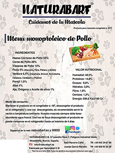 NATURABARF | Menú monoproteico de Pollo para Perros pequeños, medianos y Grandes. (7.2 kg)