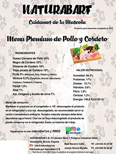 NATURABARF | Menú Premium de Pollo y Cordero para Perros pequeños, medianos y Grandes (7.2 kg)