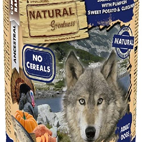 Natural Greatness Comida Húmeda para Perros de Salmón y Pavo con Calabaza, Boniato y Curcumina. Pack de 6 Unidades. 400 gr Cada Lata | ANIMALUJOS