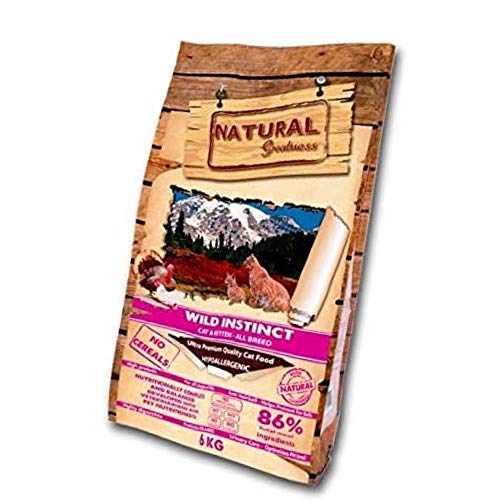 Natural Greatness - Pienso para Gatos Natural Sin Cereales Wild Instinct Gatitos y Adultos con Malta para prevenir Bolas de Pelo Saco 6kg | ANIMALUJOS