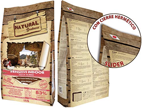 Natural Greatness Pienso seco para Gatos Receta Sensitive Indoor. Super Premium- Adult Cat- Todas Las Razas- 6 kg