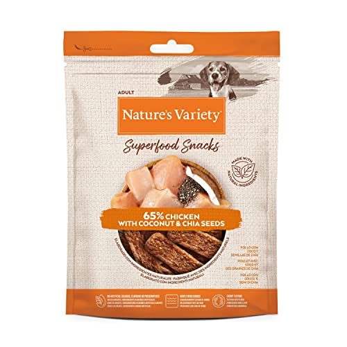 Natures variety Superfood - Snacks para Perros Adultos con Pollo, Coco y Semillas de chía 85 g x 8