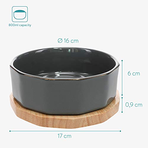 Navaris Comedero y Bebedero para Mascotas - 2X Bol Elevado para Perro Cachorro Gato - Boles con Base de Madera para Mascota - Gris y Azul petróleo