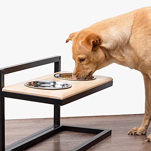 Navaris Comedero y Bebedero para Mascotas - Set de comederos con Soporte de Madera con Altura Ajustable para Cachorros Gatos Perros Grandes o Mayores