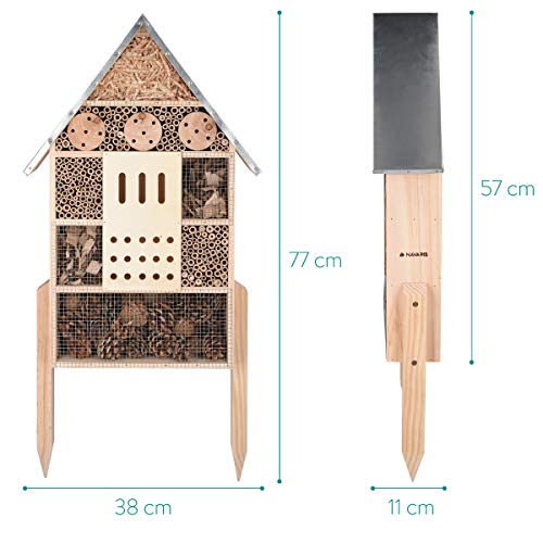 Navaris Hotel para Insectos de Madera - Observatorio de Insectos 38 x 11.5 x 57CM para el Suelo - Casa Natural Redondeada y con estacas para bichos