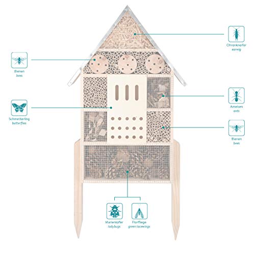 Navaris Hotel para Insectos de Madera - Observatorio de Insectos 38 x 11.5 x 57CM para el Suelo - Casa Natural Redondeada y con estacas para bichos