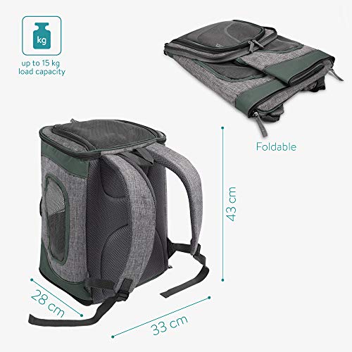 Navaris Mochila para Transportar Mascotas -Transportín Plegable Porta Mascota - Bolso Acolchado y Transpirable Gato Cachorro máx. 15 KG - En Gris