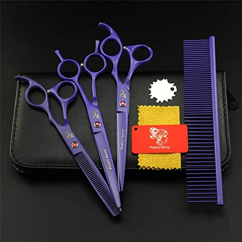 NBXLHAO Tijeras de Aseo para Mascotas de Lujo para Gatos y Perros, Juego de 3 Piezas de Pintura Morada, Kit de Recortadora Profesional de Acero 6CR de 7,0 Pulgadas, esteticistas, Corte Recto