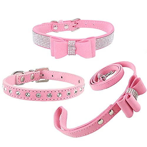 Newtensina 3 Piezas Collar de Perro Elegante y Juego de Collar Collar de Perro Lindo de Bling con Cuello de Pajarita Collar de Perro y Corbata de Lazo para Perros pequeños Gatos