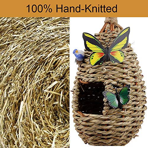 æ— Nido de paja, 2 piezas de pajita natural tejida para pájaros, jaula de cría con mariposas falsas y pájaros para pinzón canario y loro pequeño