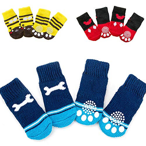 NO Miystn Calcetines Antideslizantes para Perros, Calcetines para Perros, Protector Patas Perro, Ajuste para Perros Extra Pequeños a Grandes (12 Piezas, Rojo, Amarillo y Azul)