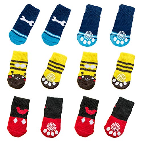 NO Miystn Calcetines Antideslizantes para Perros, Calcetines para Perros, Protector Patas Perro, Ajuste para Perros Extra Pequeños a Grandes (12 Piezas, Rojo, Amarillo y Azul)