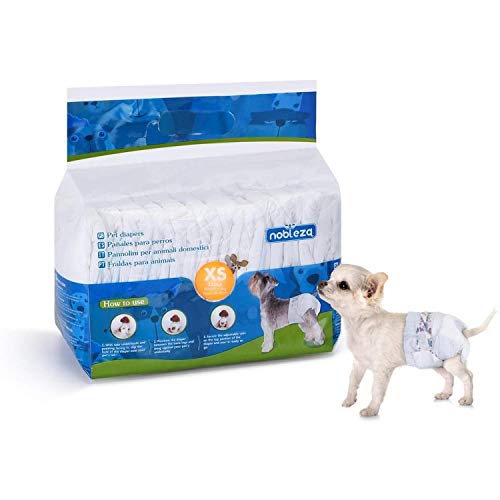 Nobleza 12x Pañales para Perros Desechables Hembra Cachorro Entrenamiento Pañales Súper Absorbente Envolturas para Mascotas Paquete de 12 Cintura 18-30CM ，XS