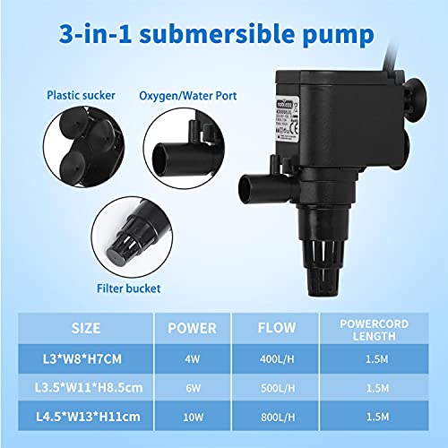 Nobleza Bomba de Agua Sumergible 500L/H,3-en-1 Multifunción Circulación de Acuario,Bomba de Pecera Ultra Silencioso de 6W con 3 Ventosas