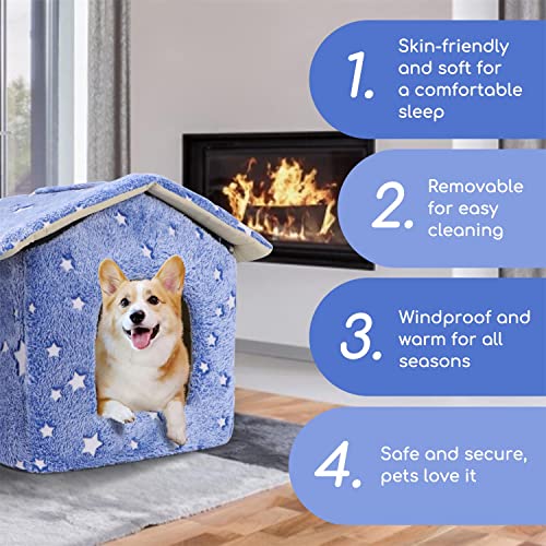 Nobleza - Caseta Perro Interior, Casa para Gatos Perros Reflectante Nocturna con Tapete Plegable para Mascotas, Cama para Gatos y Perros Pequeños, L42*W39*H33CM (S), Azul