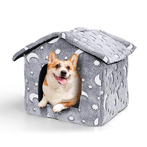 Nobleza Caseta Perro Interior, Plegable Casa y Sofá para Mascotas, Suave Casa para Gatos Conejos para Invierno, con Cojín Extraíble, Camas Cálidas para Cachorro, Gris L53*W50*H43CM (L)