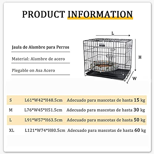 Nobleza - Jaula Metálica para Perros, Transportín Plegable Mascotas, Jaula para Mascotas con 2 Puertas, Bandeja Base de Plástico Resistente a la Masticación y Asa de Transport - 76x45x51,5cm Negro