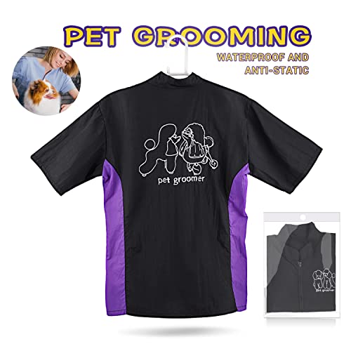 Noverlife Ropa de trabajo de aseo para mascotas con cremallera completa, tamaño M, ropa de trabajo antiestática para esteticistas para mascotas, camisa repelente al cabello, estilo de peluquero