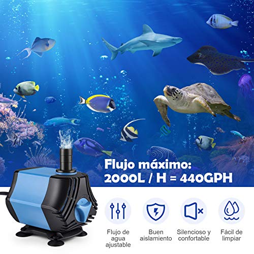 Nuevo, Zacro Bomba Sumergible Bomba de Agua 2000L / H, Bomba de Agua Ultra Silencioso de 40W con 4 Ventosas y 3 Boquillas (13/16/19 mm) para Acuario, Pecera, Jardín, Estanque, Fuentes