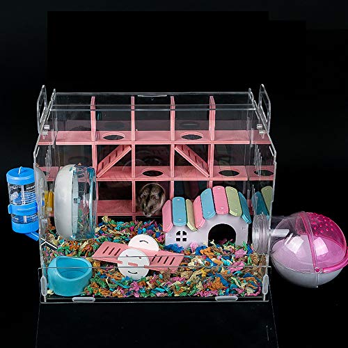 Nynelly Jaula para Hamsters, Ratón Mini Duna Hamster Cage, Jaula Transparente Acrílico, Hamster Cartón Labyrinthe, Accesorios Incluidos, Villa,Seesaw, Baño Externo Hamster,33 x 29 x 29 cm, Rosa