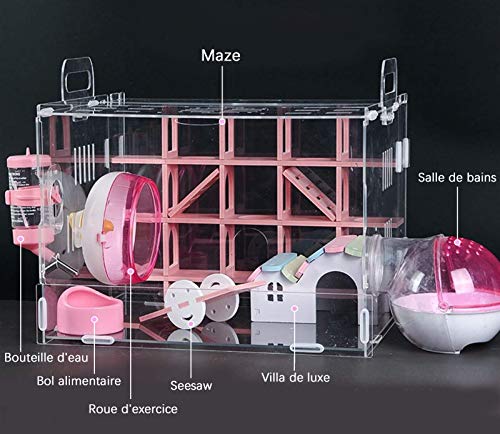 Nynelly Jaula para Hamsters, Ratón Mini Duna Hamster Cage, Jaula Transparente Acrílico, Hamster Cartón Labyrinthe, Accesorios Incluidos, Villa,Seesaw, Baño Externo Hamster,33 x 29 x 29 cm, Rosa