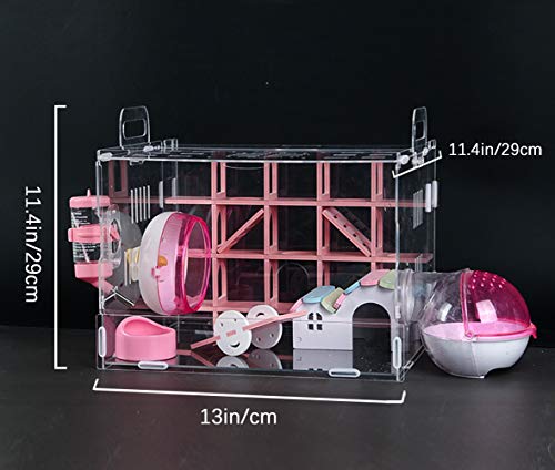 Nynelly Jaula para Hamsters, Ratón Mini Duna Hamster Cage, Jaula Transparente Acrílico, Hamster Cartón Labyrinthe, Accesorios Incluidos, Villa,Seesaw, Baño Externo Hamster,33 x 29 x 29 cm, Rosa