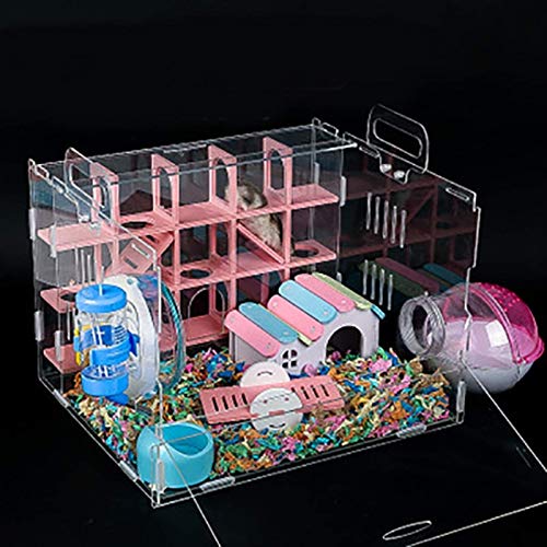 Nynelly Jaula para Hamsters, Ratón Mini Duna Hamster Cage, Jaula Transparente Acrílico, Hamster Cartón Labyrinthe, Accesorios Incluidos, Villa,Seesaw, Baño Externo Hamster,33 x 29 x 29 cm, Rosa