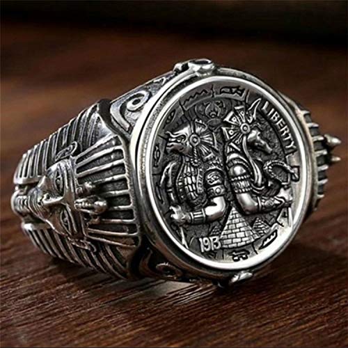 OOCA Anillo de Acero Inoxidable para Hombre, Anillo de pirámide de faraón Egipcio Antiguo, Anillo de Amuleto de Anubis de ángel de la Guarda, Plata galvanizada, 7-11