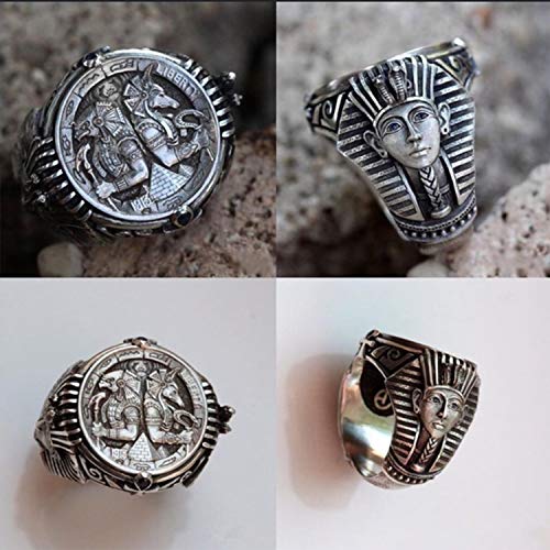 OOCA Anillo de Acero Inoxidable para Hombre, Anillo de pirámide de faraón Egipcio Antiguo, Anillo de Amuleto de Anubis de ángel de la Guarda, Plata galvanizada, 7-11