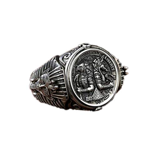 OOCA Anillo de Acero Inoxidable para Hombre, Anillo de pirámide de faraón Egipcio Antiguo, Anillo de Amuleto de Anubis de ángel de la Guarda, Plata galvanizada, 7-11