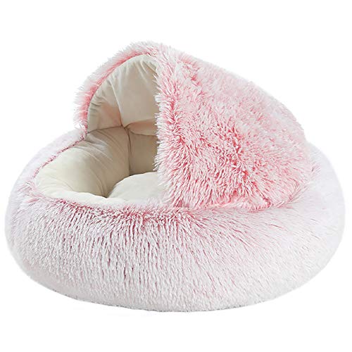 OOFAJ Cama Gato Deluxe Felpa Redonda,Plush Cama Calmante Donut con Fondo Antideslizante, Cama Gato Cueva Suave para Dormir Mejor, Antideslizante,Lavable A Máquina,Cherry Pink,S