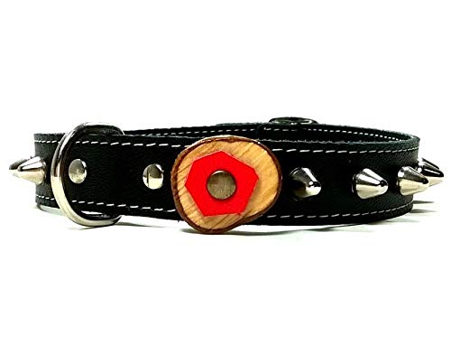 Original Collar para Perro de Cuero Negro con Pinchos, Todas las Tallas, Correa Opcional, Diseño Original Artesano con Olivo y Cuero Rojo, Mediano, 50 cm M-wide: Cuello 35-40 cm, Ancho 28mm