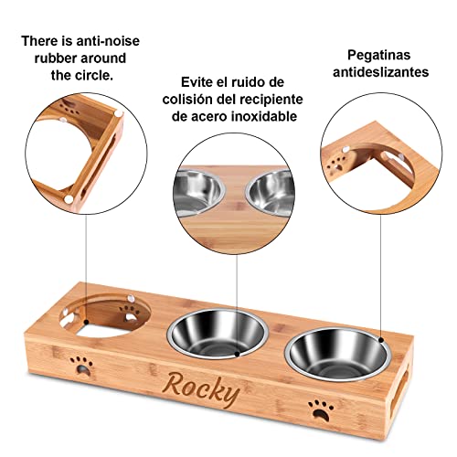 OXYEFEI Comederos para Perros,Comedero Perro Personalizado,Comedero Perros Plato Simple, Doble, Triple Extraíble, Base de Bambú Antideslizante -para Mascotas Pequeñas Gatos y perro (3 cuenco)