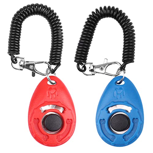 OYEFLY Clicker para Adiestramiento Perro, 2 Piezas, Multicolor para la Muñeca para Perro Gato Caballo Training Clicker de adiestramiento para Perros Clicker con Correa (Rojo y Azul)