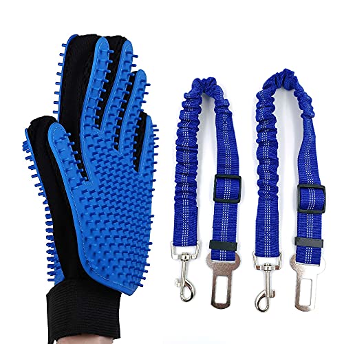 Pack de 2 Cinturon De Seguridad para Perros con Guante Quita pelos Mascota - Cinturon Perro Coche - Correa Perro Coche con Elástico y Fuerte Mosquetón para Trasportar Mascotas - Azul