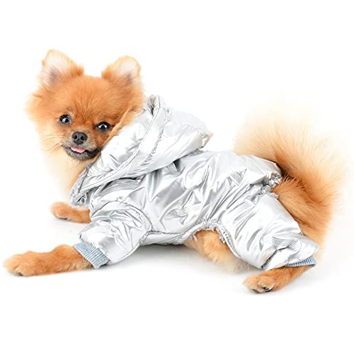 PAIDEFUL Abrigo de Invierno para Perros Pequeños Impermeable Chaqueta con Capucha Acolchado Cachorros Chihuahua Ropa Clima frío Ropa para Gatos Traje de Nieve para Mascotas A Prueba de Viento Plata S