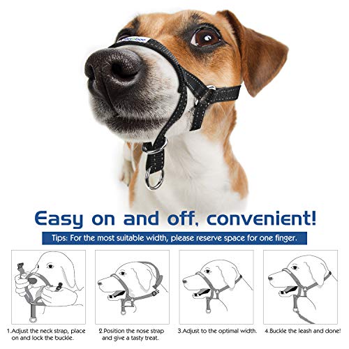 Pawaboo Cabestro de Perro - Adjustable Reflexivo Loop Pet Dog Head Halter de Nilón para Control de Mordida/Ajuste Fácil a la Boca, Talla Chica, Negro