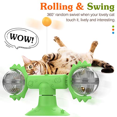 Pawaboo Windmill Juguete para Gatos, Palo de Pluma de Gato, Plato Giratorio con Ventosa, Palo de Gato Flexible Interactivo con Bola Adecuado para Gatitos de Interior - Verde