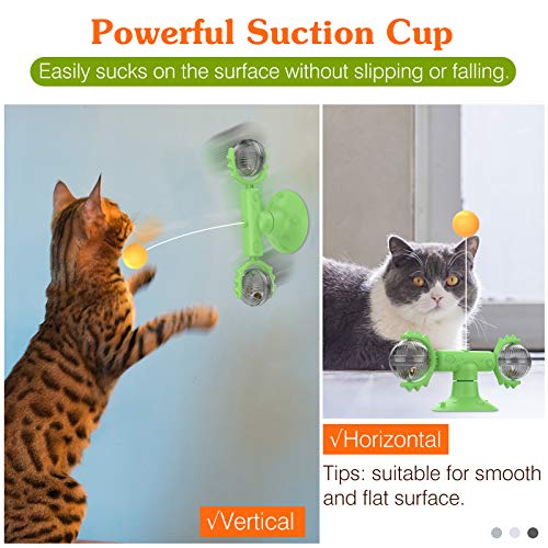 Pawaboo Windmill Juguete para Gatos, Palo de Pluma de Gato, Plato Giratorio con Ventosa, Palo de Gato Flexible Interactivo con Bola Adecuado para Gatitos de Interior - Verde