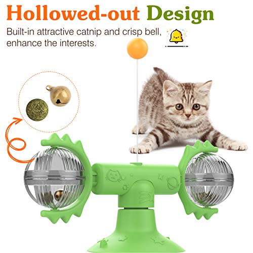 Pawaboo Windmill Juguete para Gatos, Palo de Pluma de Gato, Plato Giratorio con Ventosa, Palo de Gato Flexible Interactivo con Bola Adecuado para Gatitos de Interior - Verde