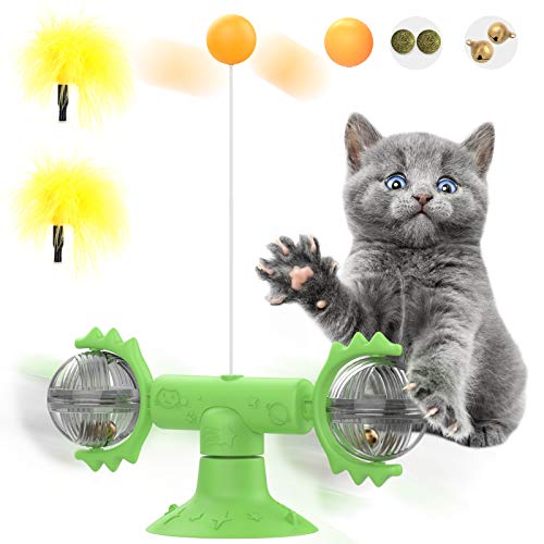 Pawaboo Windmill Juguete para Gatos, Palo de Pluma de Gato, Plato Giratorio con Ventosa, Palo de Gato Flexible Interactivo con Bola Adecuado para Gatitos de Interior - Verde