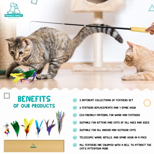 Pawfect Family Juego de juguetes interactivos para gatos, plumas interactivas, varita de recambio, 6 plumas de repuesto, juguete para gatitos