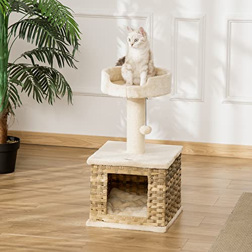 PawHut Árbol para Gatos Mediano Altura 69 cm con Cueva de Ratán Sintético Cojín Lavable Cama Superior Poste Rascador de Sisal y Bola Colgante 36x36x69 cm Beige