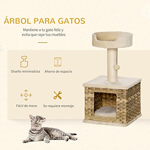 PawHut Árbol para Gatos Mediano Altura 69 cm con Cueva de Ratán Sintético Cojín Lavable Cama Superior Poste Rascador de Sisal y Bola Colgante 36x36x69 cm Beige